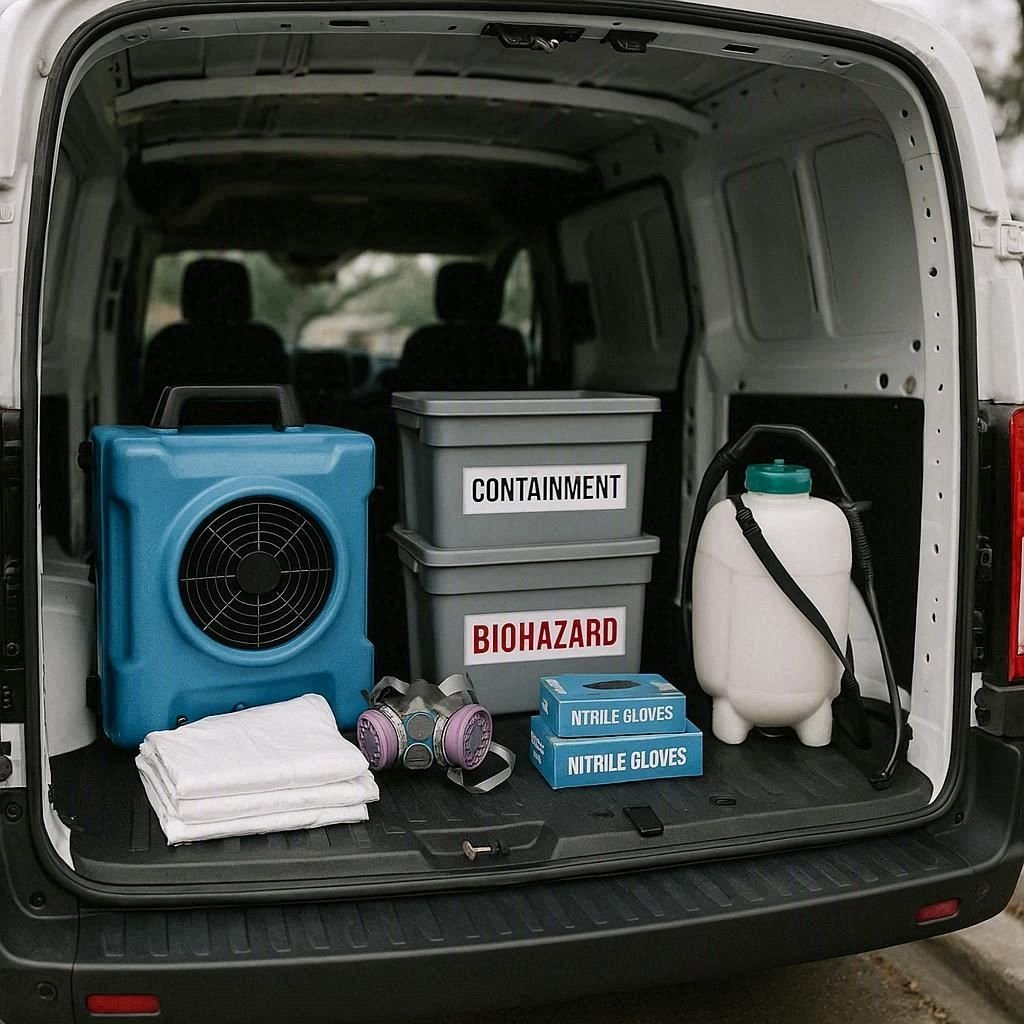 An ATX Decon van loaded with an air scrubber, containment and biohazard bins, Tyvek suits, a respirator, nitrile gloves, and a sprayer