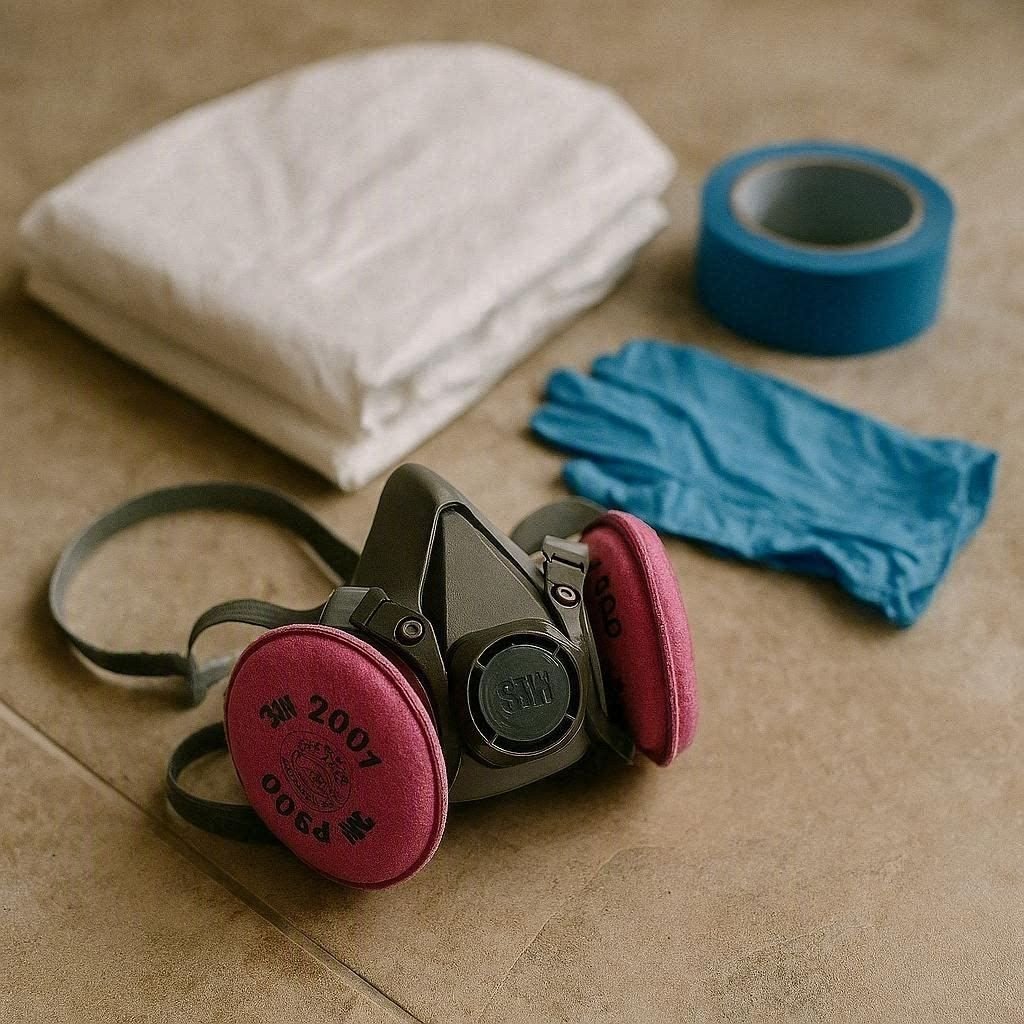 Professional PPE laid out before a job: a half-face respirator with P100 cartridges, a folded Tyvek coverall, blue tape, and nitrile gloves