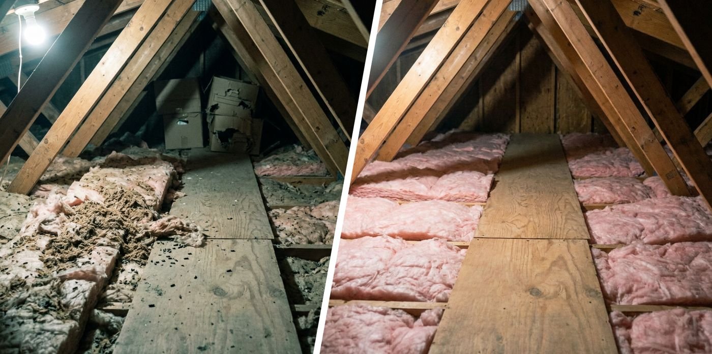 Attic before and after rodent decontamination: matted, droppings-covered insulation on the left, clean replaced insulation on the right